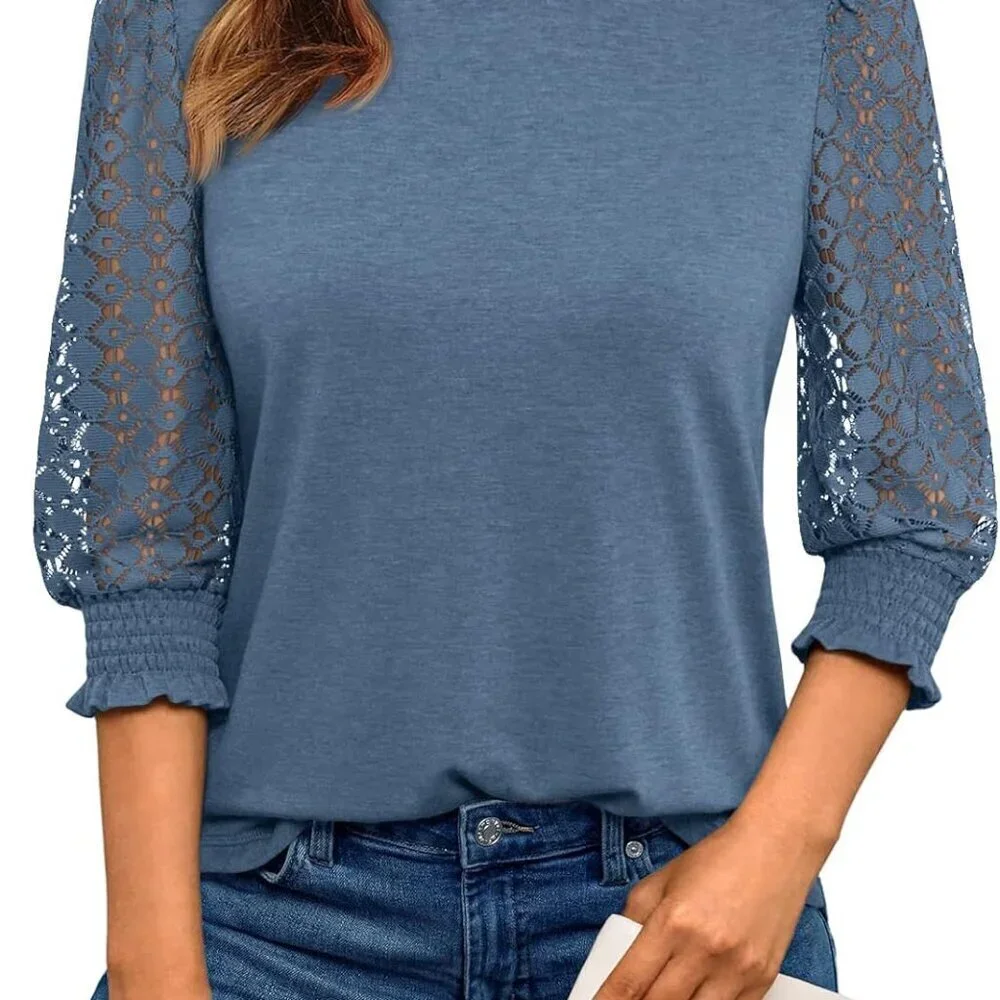 Womens Lace 3/4 Sleeve Top Polyester Rayon Spandex Casual Spring Summer - Picture 1 of 5